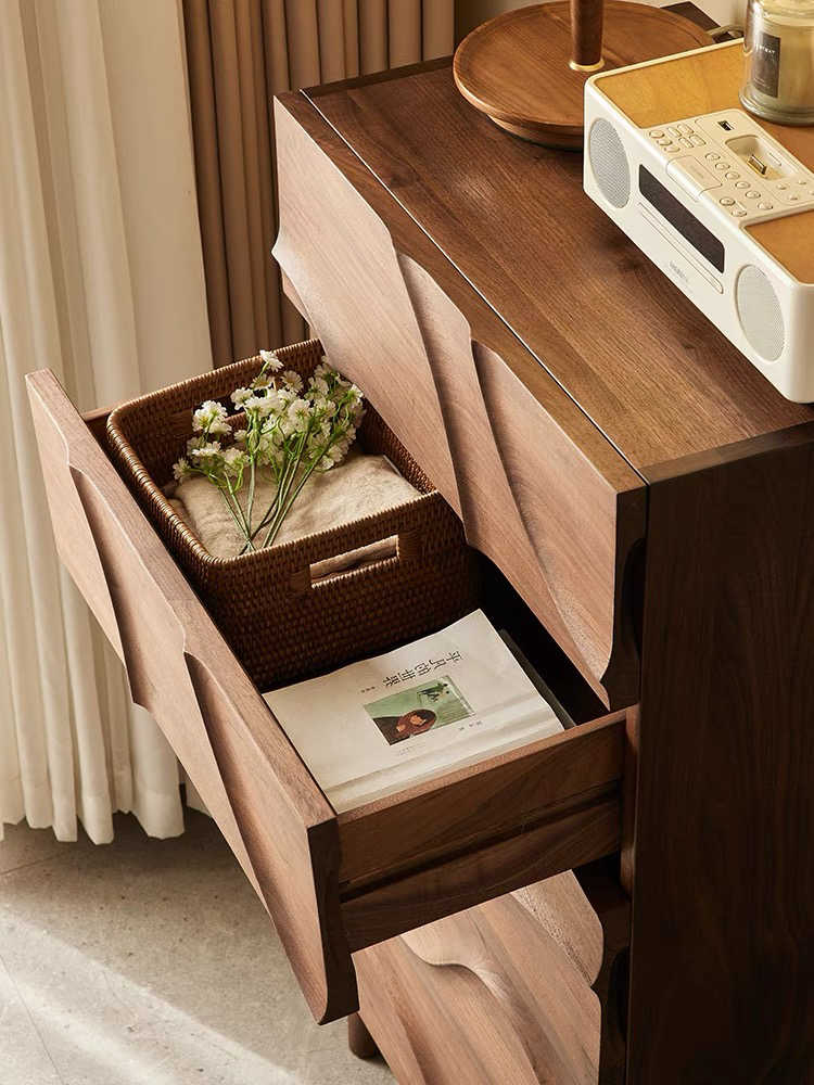 Nordic Walnut Wood Chest of Drawers – Modern Sculptural Wave Pattern 5-Drawer Dresser, Bedroom Storage Cabinet, Contemporary Accent Organizer for Living Room