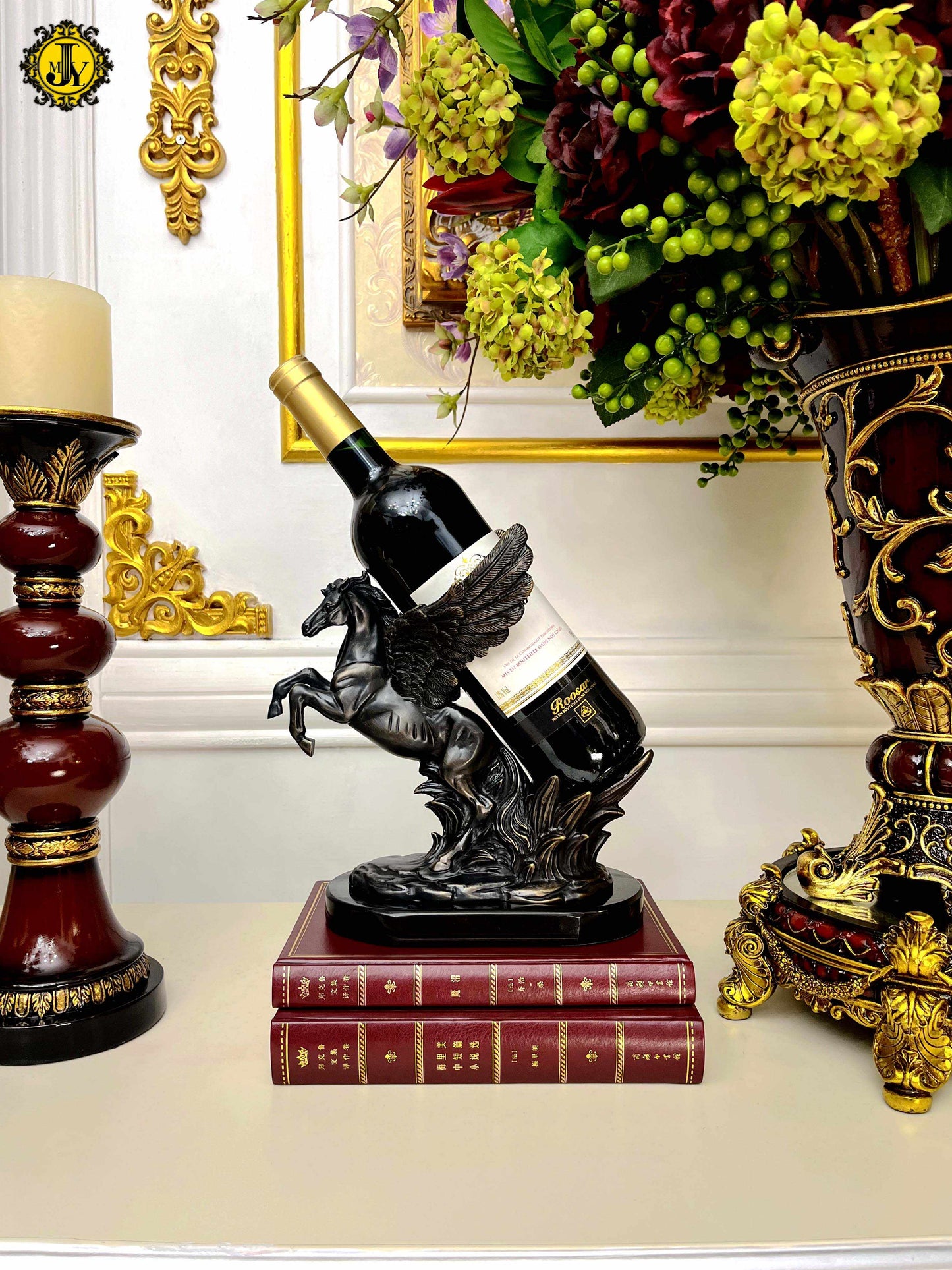 Luxury Bronze Marble Pegasus Wine Rack, Manor Style Black Sculpture for High-End Bar, Wine Cabinet, Villa Display