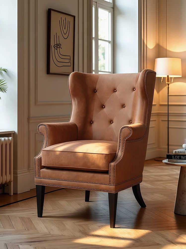 Luxury Vintage High-Back Leather Wing Chair – Designer Retro Accent Armchair for Living Room, Bedroom & Study, Tiger Chair