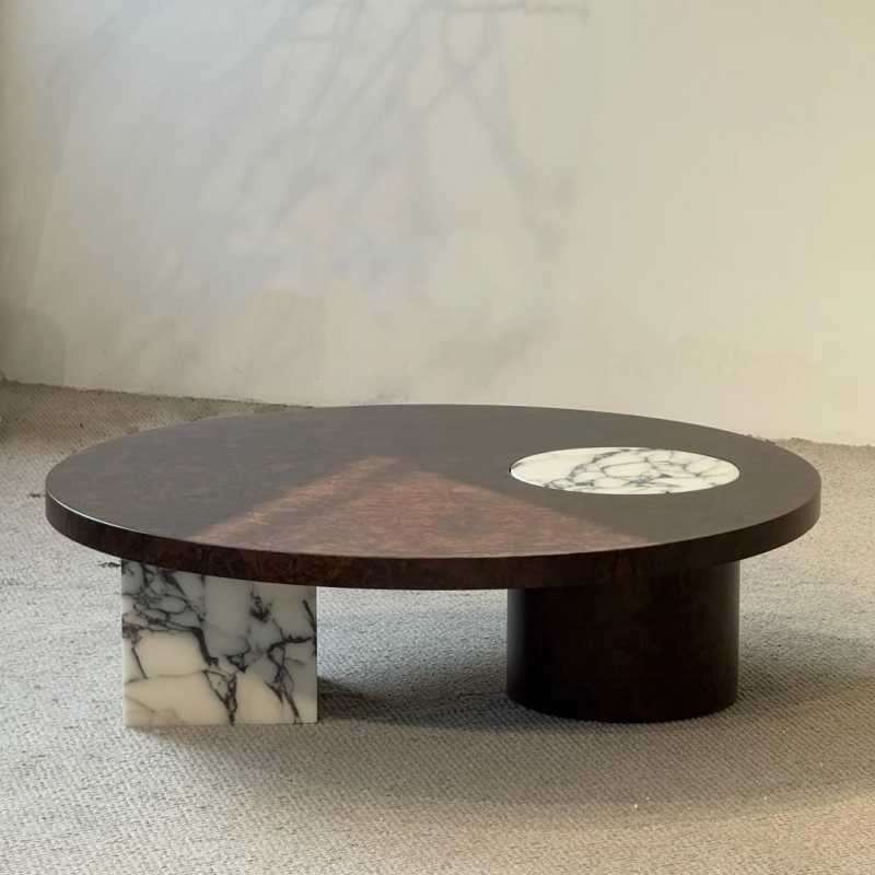 Modern Minimalist Round Coffee Table – High-End Marble Inlay, Artistic Geometry, Compact Luxury Tea Table for Living Room or Apartment