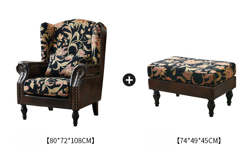 Vintage High-Back Floral Tiger Armchair with Ottoman – Retro Living Room Lounge Chair & Footrest Set, Leather Fabric