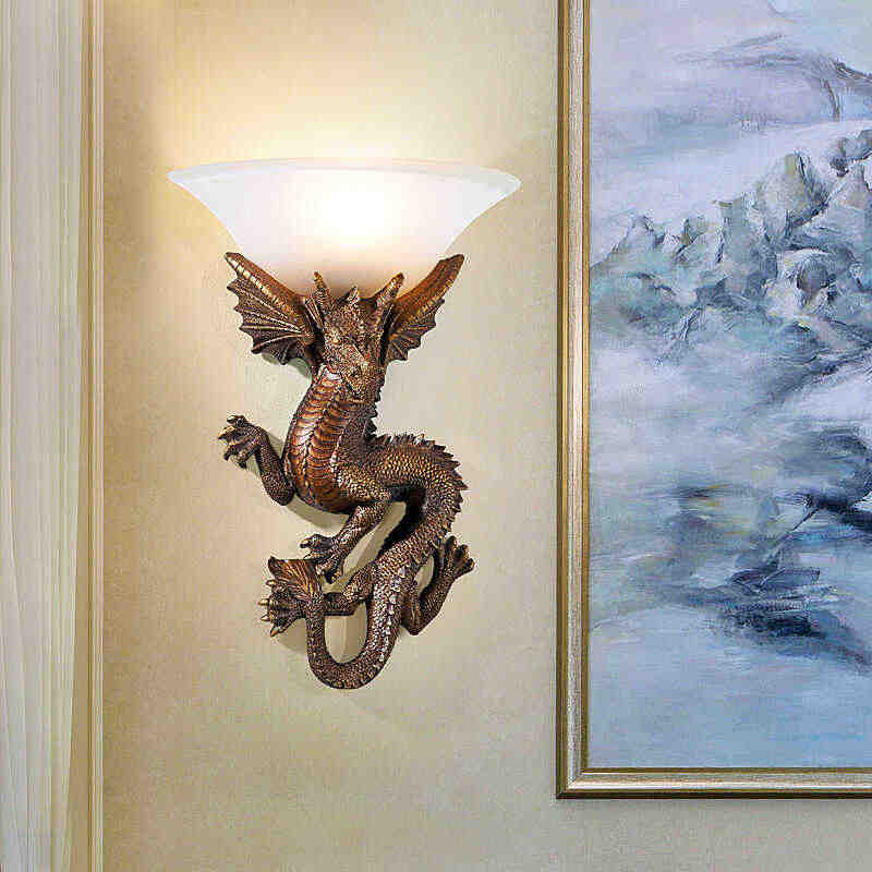 Game of Thrones Dragon Wall Sconce—Antique Gold, European Entryway & Living Room TV Wall Lamp