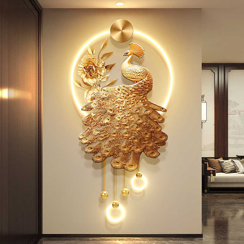 Luxury Gold Peacock Entryway Wall Art with LED Lighting, High-End 3D Statement Panel for Corridor or Foyer, Remote Plug-In Design