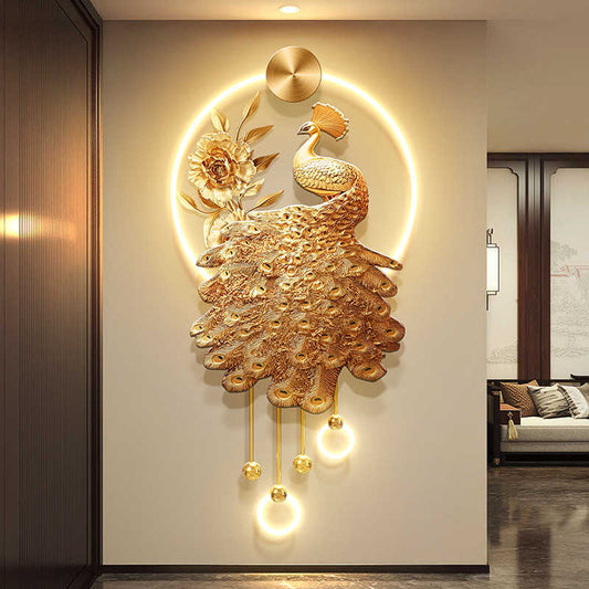 Luxury Gold Peacock Entryway Wall Art with LED Lighting, High-End 3D Statement Panel for Corridor or Foyer, Remote Plug-In Design