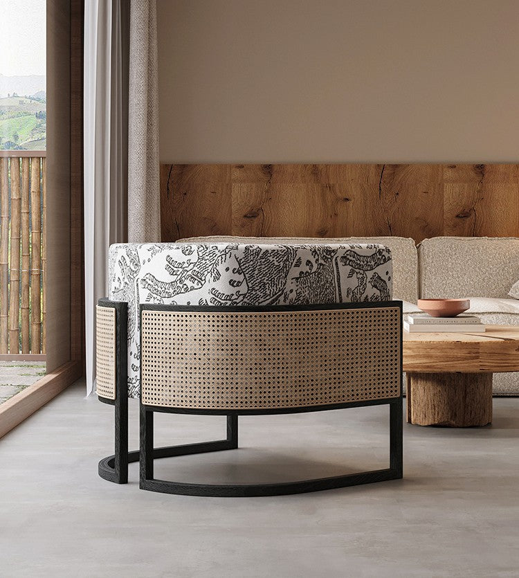 Modern Tiger Line Art Accent Chair, Solid Wood and Rattan Lounge Armchair, Minimalist Reading Chair for Living Room, Balcony, or Bedroom (Mid-Tone Oak)