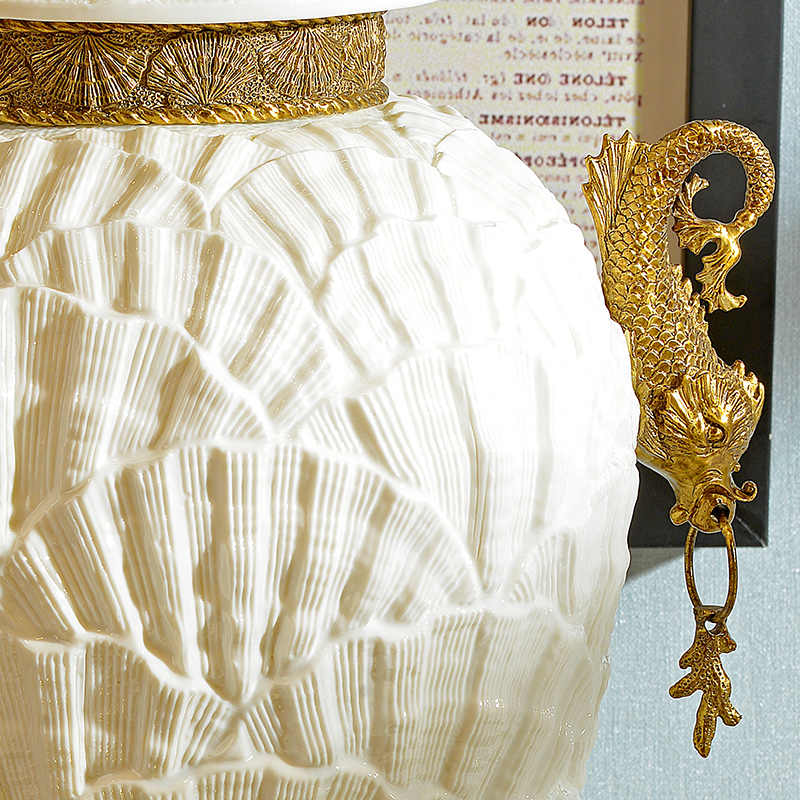 White Porcelain Brass Shell Ginger Jar – Dragon Handle Lidded Urn for Entryway, Bar Cabinet, and Luxury Home Decor