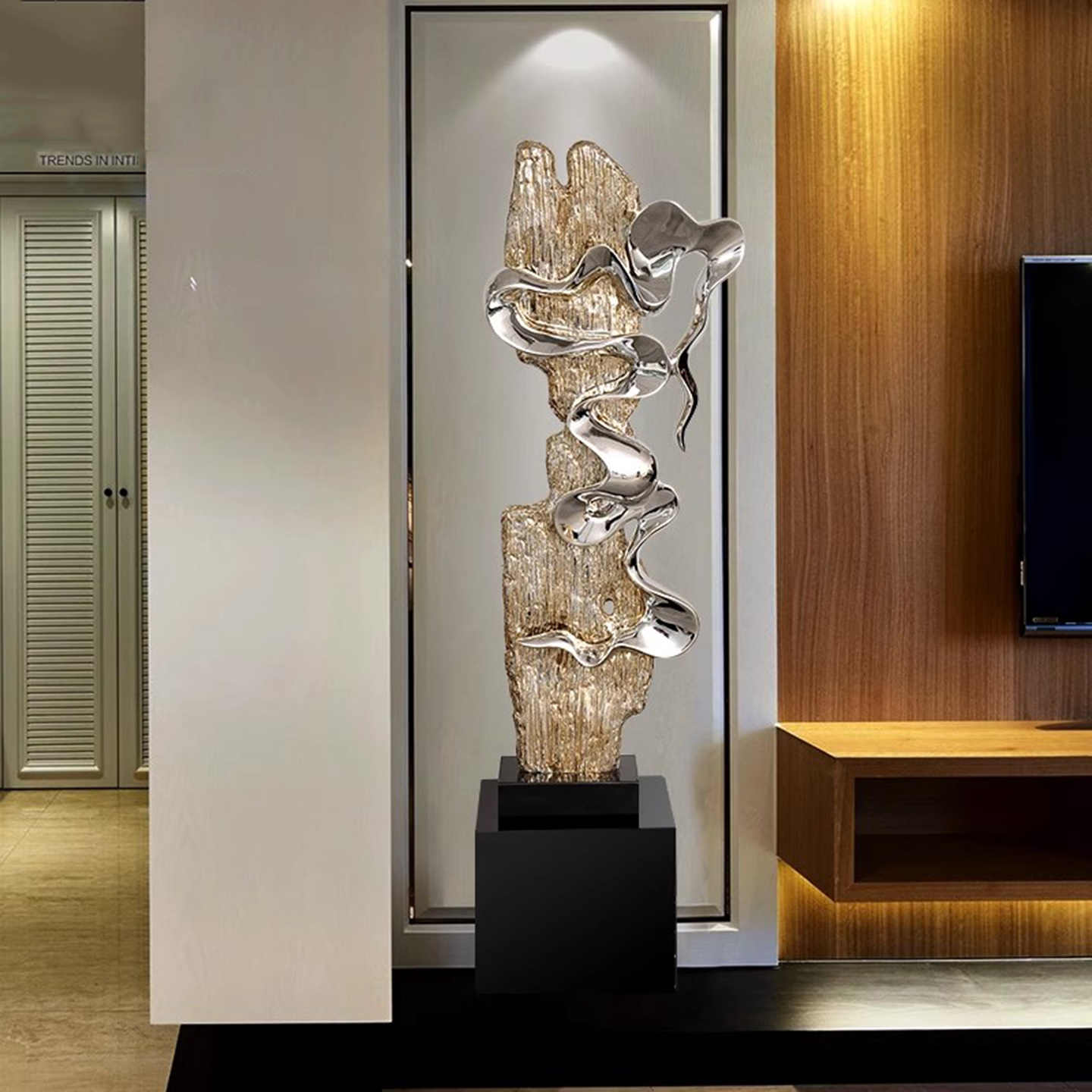 Modern Luxury Abstract Floor Sculpture, Tall Silver Art Decor for Living Room, Hallway, TV Stand, Hotel Entrance