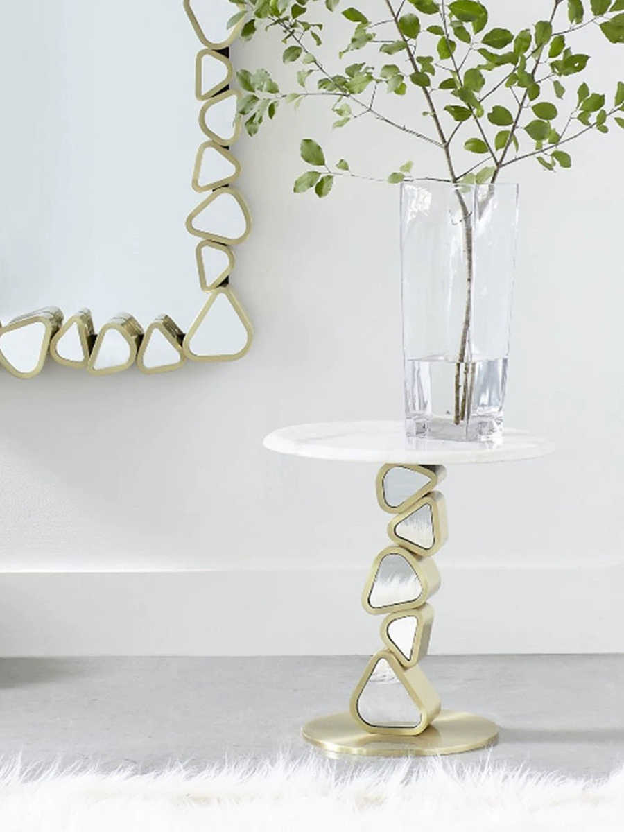 Modern Luxury Marble Side Table, Small Designer Round Coffee Table with Unique Geometric Metal Base, 18-Inch End Table for Living Room, Bedroom, Accent Corner