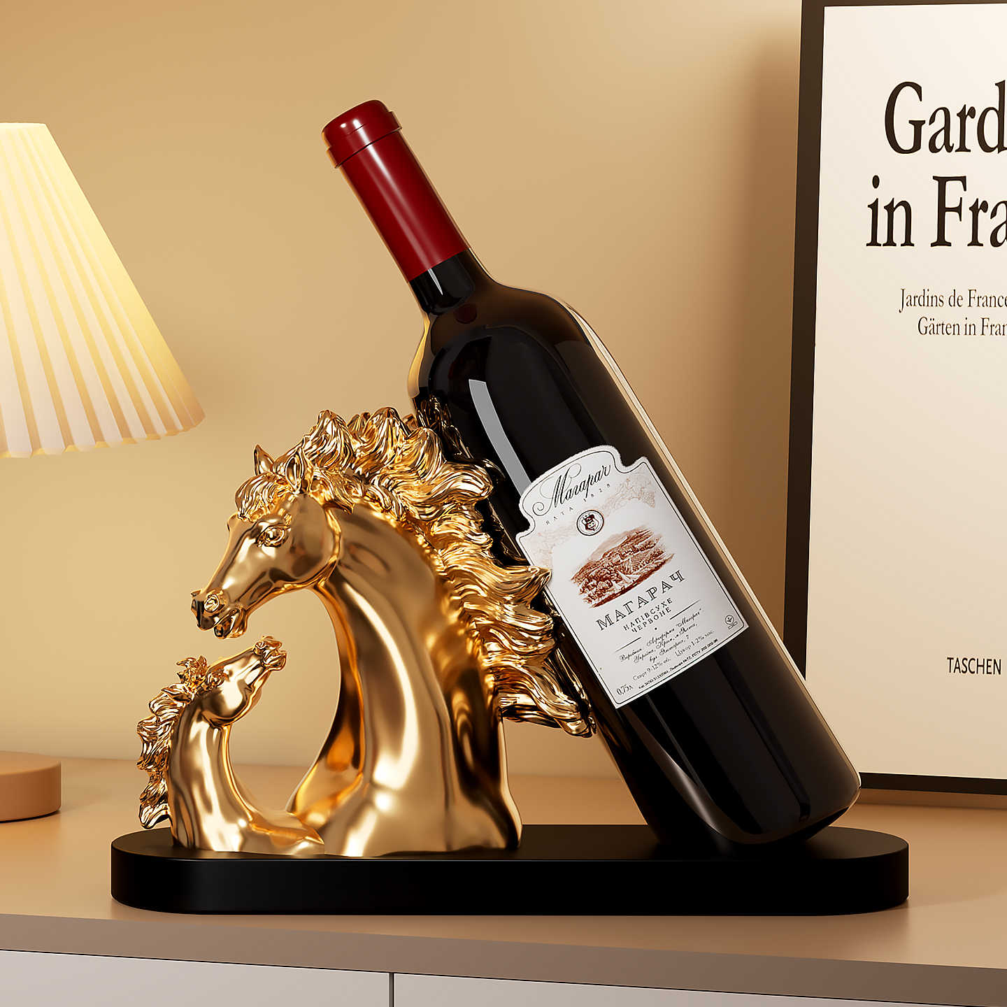Golden Horse Wine Rack Sculpture, Success-Inspired Luxury Decor for Living Room, Entryway, Sideboard, Glass Cabinet, or Wine Cabinet Display