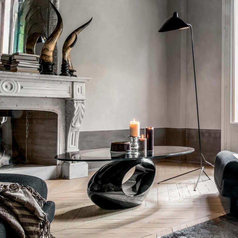 Designer Coffee Table – Modern Oval Glass Top with Sculptural Open Base, Living Room Accent