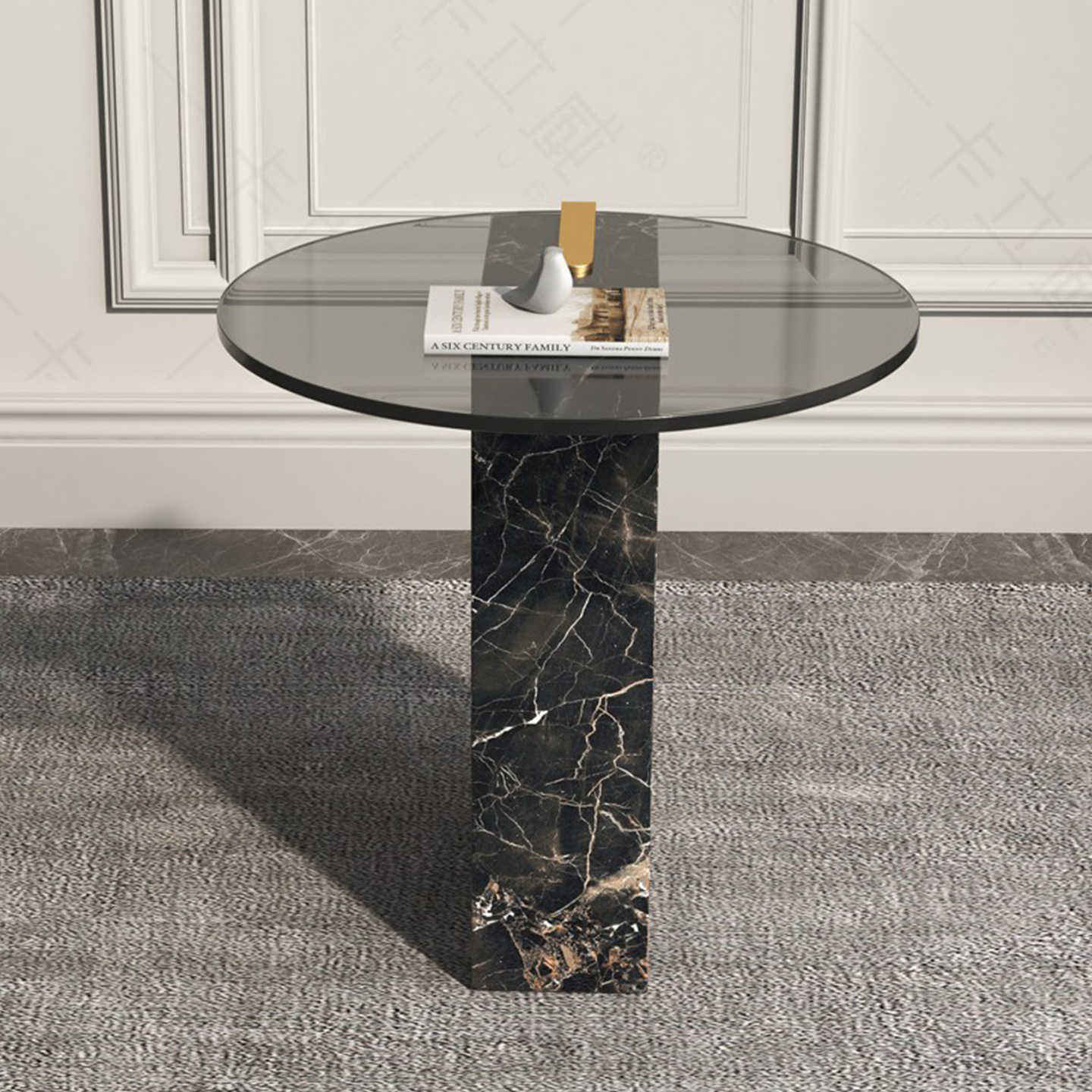 Italian Luxury Grey Glass Round Side Table, Modern Marble Base Corner Coffee Table with Designer Aesthetics