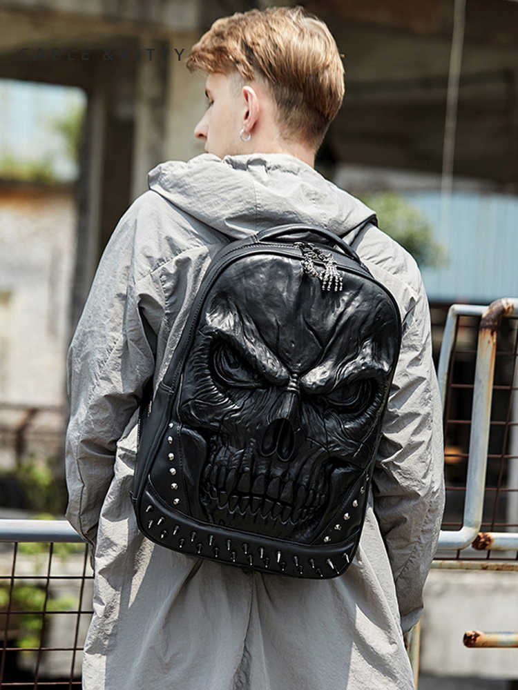 3D Skull Gothic Studded Leather Backpack – Black Punk Fashion Unisex School Bag with Rivet Details, Edgy Designer Travel Backpack for Men and Women