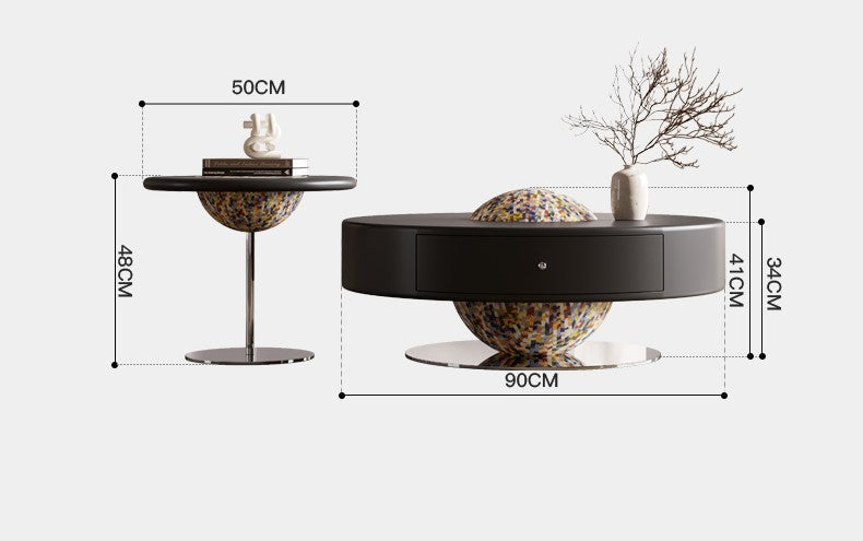 Patent Design Cream Style Coffee Table Set – Italian Minimalist Matte Black with Mosaic Sphere Accents, Contemporary Living Room Furniture
