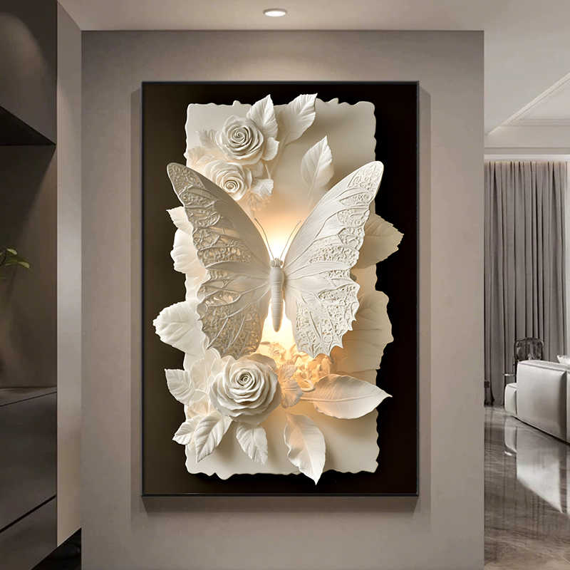 Luxury Butterfly 3D Ceramic Wall Art, Abstract Glass Texture Painting for Living Room, Sofa Background or Corridor, Large Floor Mural, Matte Black Frame