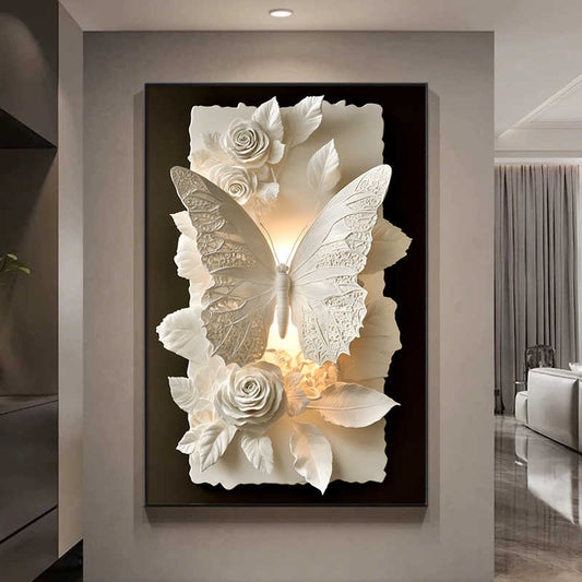 Luxury Butterfly 3D Ceramic Wall Art, Abstract Glass Texture Painting for Living Room, Sofa Background or Corridor, Large Floor Mural, Matte Black Frame