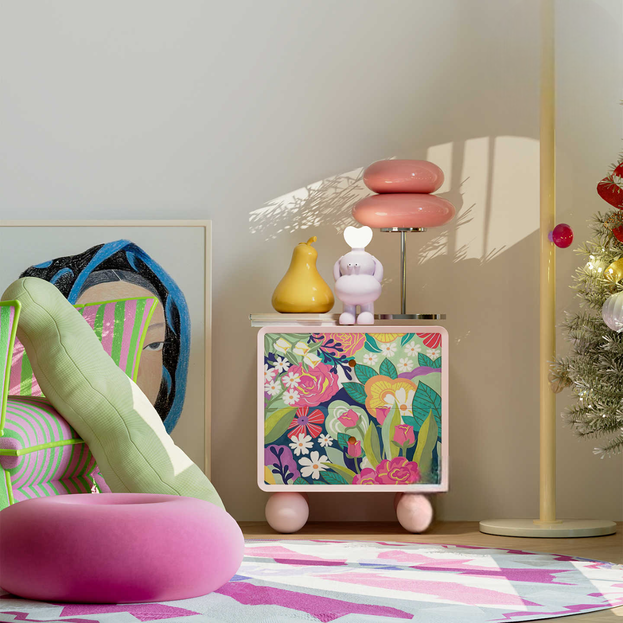 Colorful Floral Wood Nightstand, Modern Small Space Storage Cabinet, Dopamine-Inspired Drawer Accent for Bedroom & Apartmen