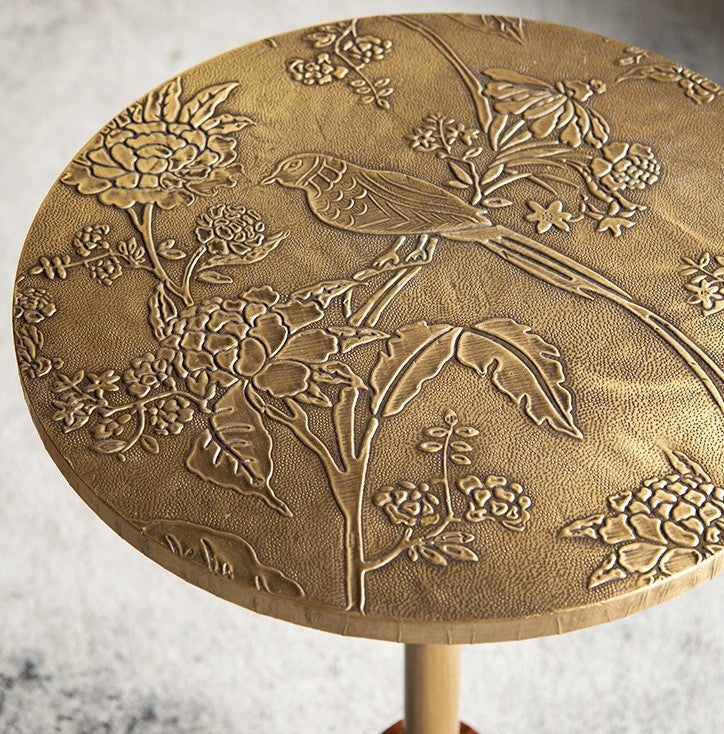Golden Magpie Brass & Wood Round Accent Table, Vintage Tall Sofa/Bedside End Table, Bird Floral Etched Top