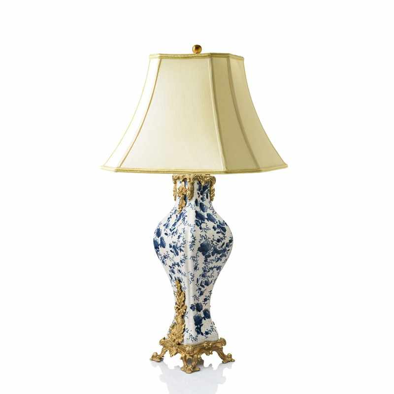 Blue and White Porcelain Table Lamp with Brass Accents, Floral Ceramic Bedside Light for Living Room Bedroom