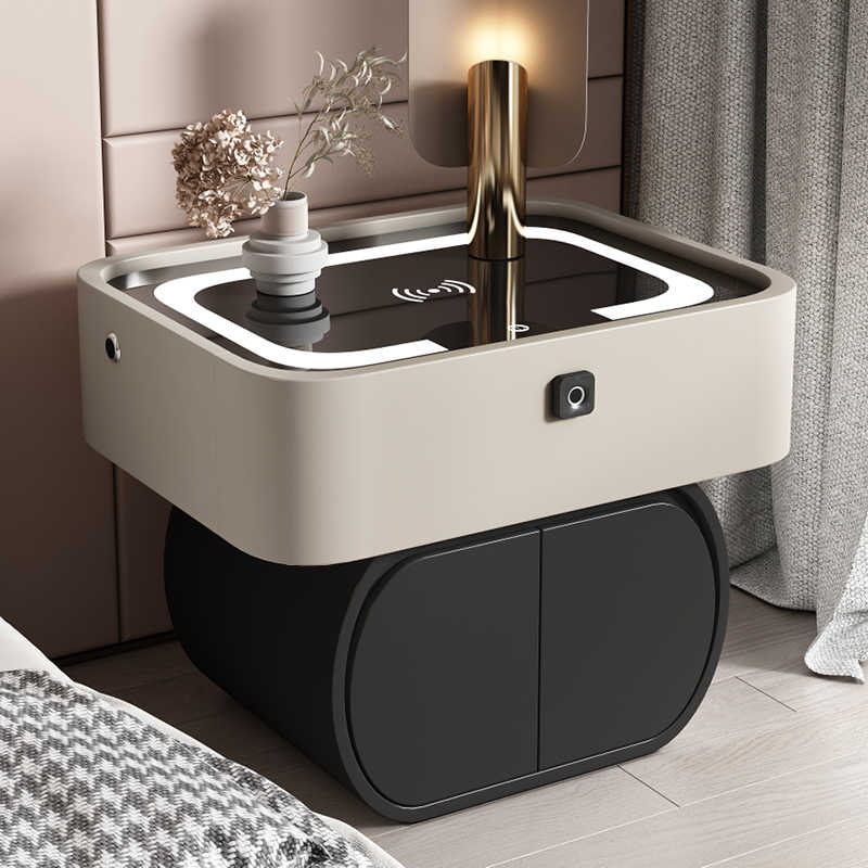 Ultra-Modern Smart Nightstand 2025 – Light Khaki Luxury Design with Biometric Security, Touch Lamp & Comprehensive Charging Station
