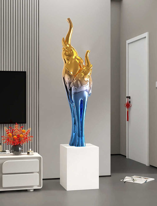 Large Modern Blue-Gold Elephant Floor Sculpture – High-End Abstract Resin Art Lamp for Living Room, Foyer, or Luxury Décor