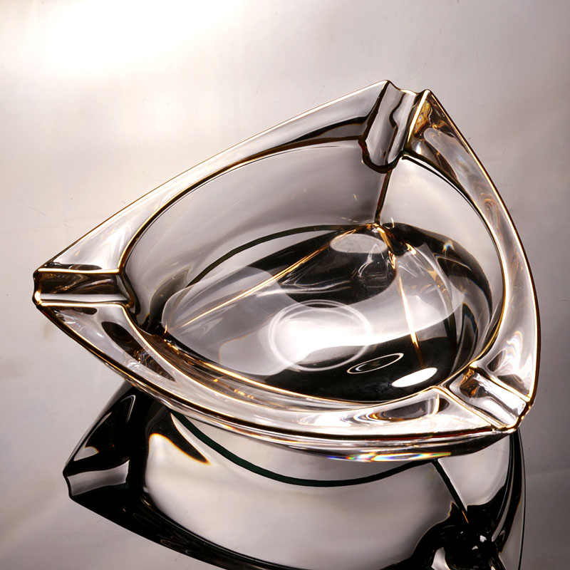 Luxury Gold-Trimmed Crystal Glass Ashtray, Large Triangle Decorative Ashtray for Living Room & Office, Modern Creative Centerpiece