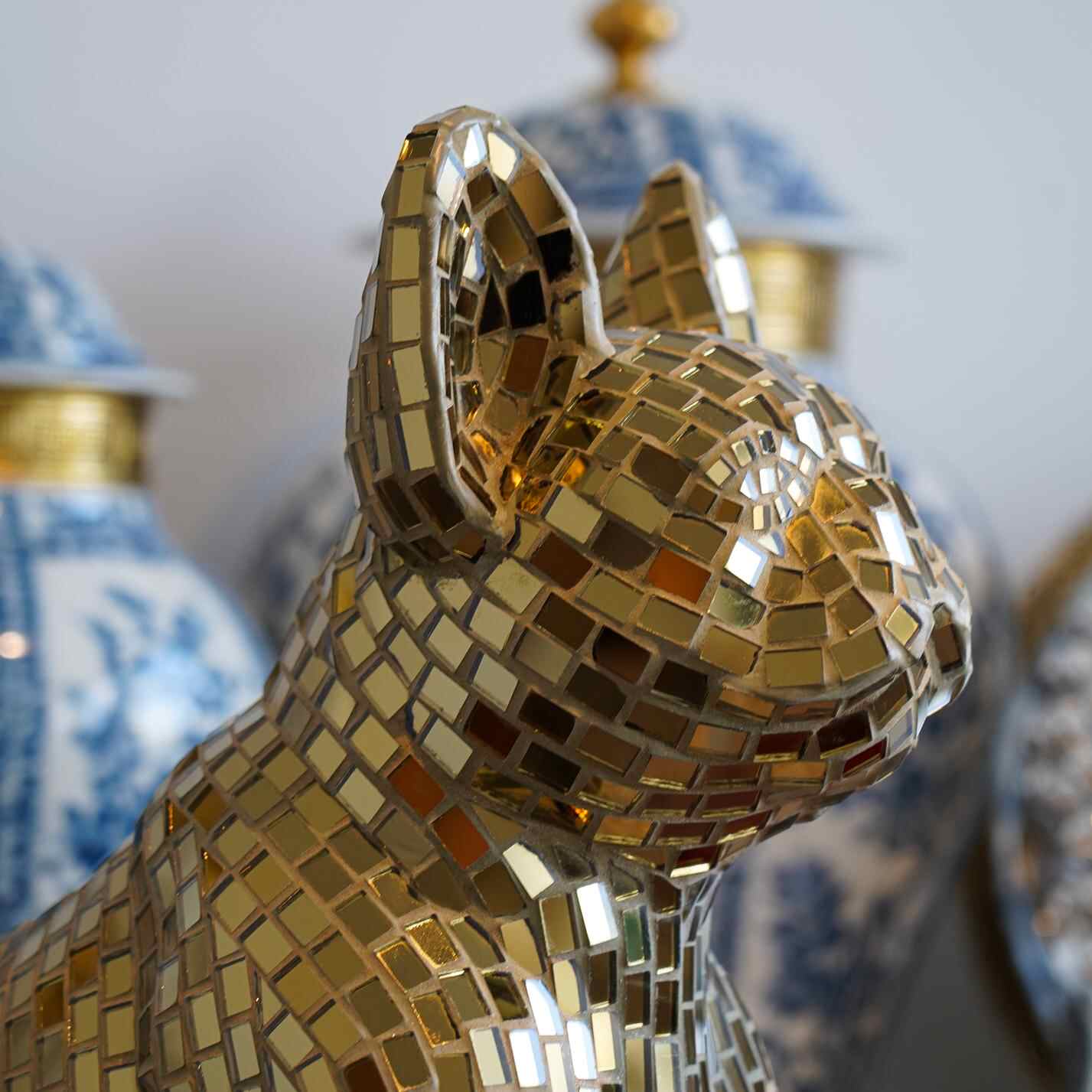 Premium Champagne Gold Mirrored French Bulldog Sculpture – Handcrafted Mosaic Art with Reflective Tile Finish, Designer Home Statement Piece