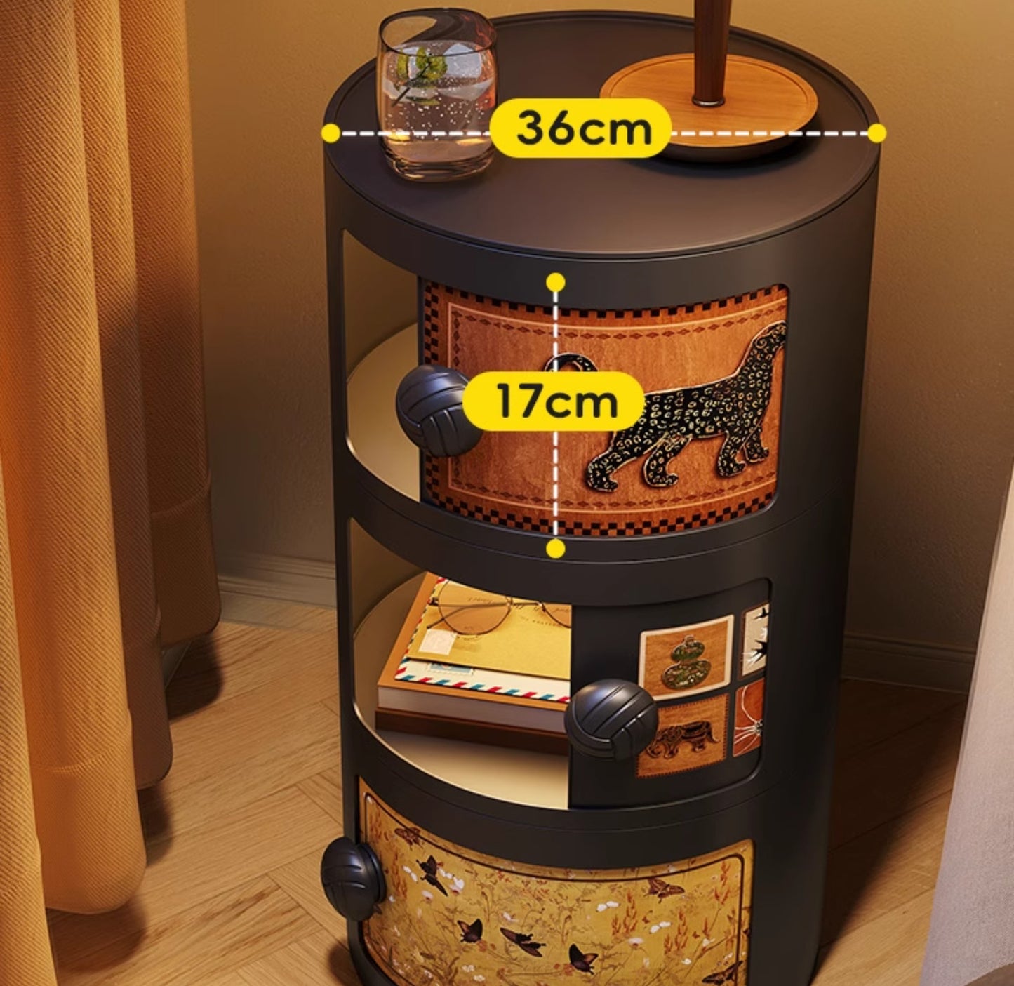 Compact 3-Tier Round Nightstand with LED Accent Light, Space-Saving Cylindrical Bedside Storage with Animal Art Panels, Creative Alternative to Traditional Nightstands