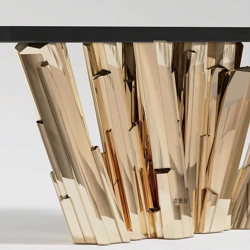Designer Sculptural Console Table – Luxury Gold Brass Base with Black Top, Contemporary Geometric Art Entry Table for Modern Entryways