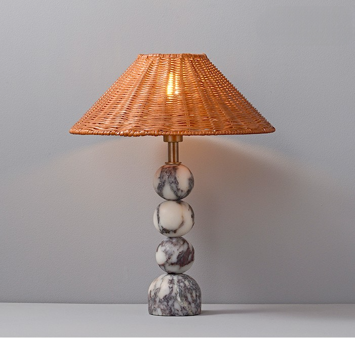 Luxury Marble Table Lamp, Vintage Woven Rattan Shade, High-End Modern Bedside and Desk Accent Light for Living Room, Bedroom, Study