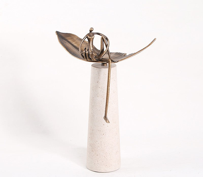 Modern Abstract Yoga Figure on Leaf Sculpture, Minimalist Metal & Marble Artistic Desktop Statue, Living Room, Table, or Entryway Accent