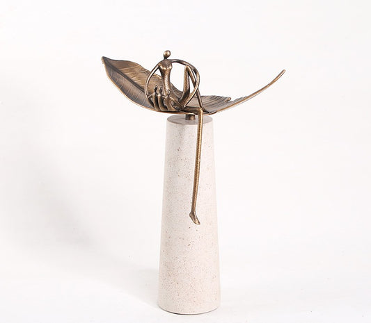 Modern Abstract Yoga Figure on Leaf Sculpture, Minimalist Metal & Marble Artistic Desktop Statue, Living Room, Table, or Entryway Accent