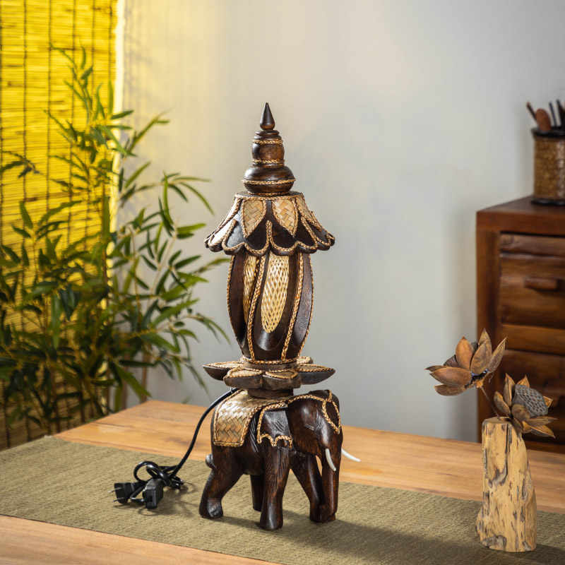 Southeast Asian Handcrafted Wooden Elephant Table Lamp, Vintage Zen Bedside & Accent Light for Living Room, Tea Room, Study