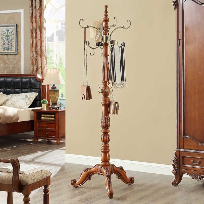 Elegant American Country Style Carved Wood Floor Coat Tree – Vintage Solid Wood Hall Tree with Ornate Base, Bedroom Standing Coat Rack