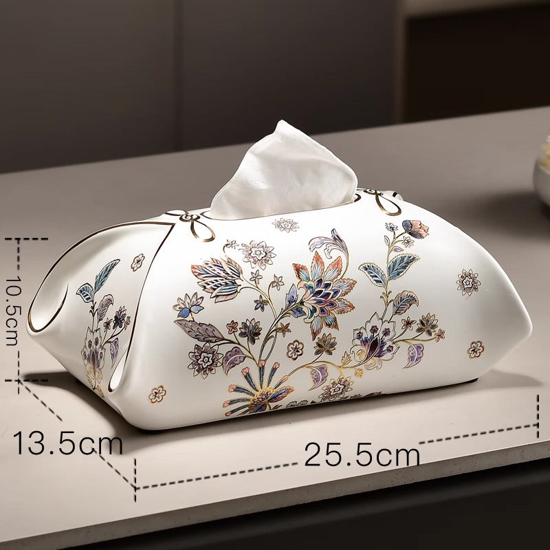 Luxury Ceramic Floral Tissue Box, 2025 Designer Decorative Cover for Living Room, Elegant Coffee Table High-End Organizer