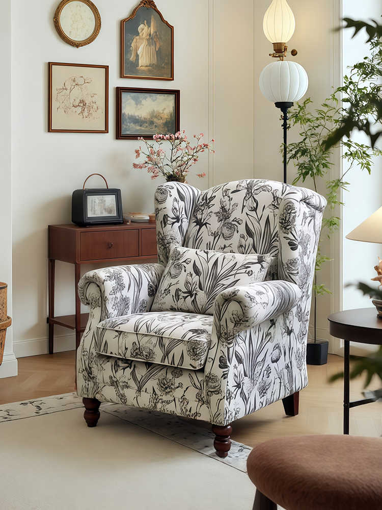 Vintage Floral Tiger Chair – Black and White Retro Lounge Armchair, Single Sofa for Living Room/Garden/Balcony