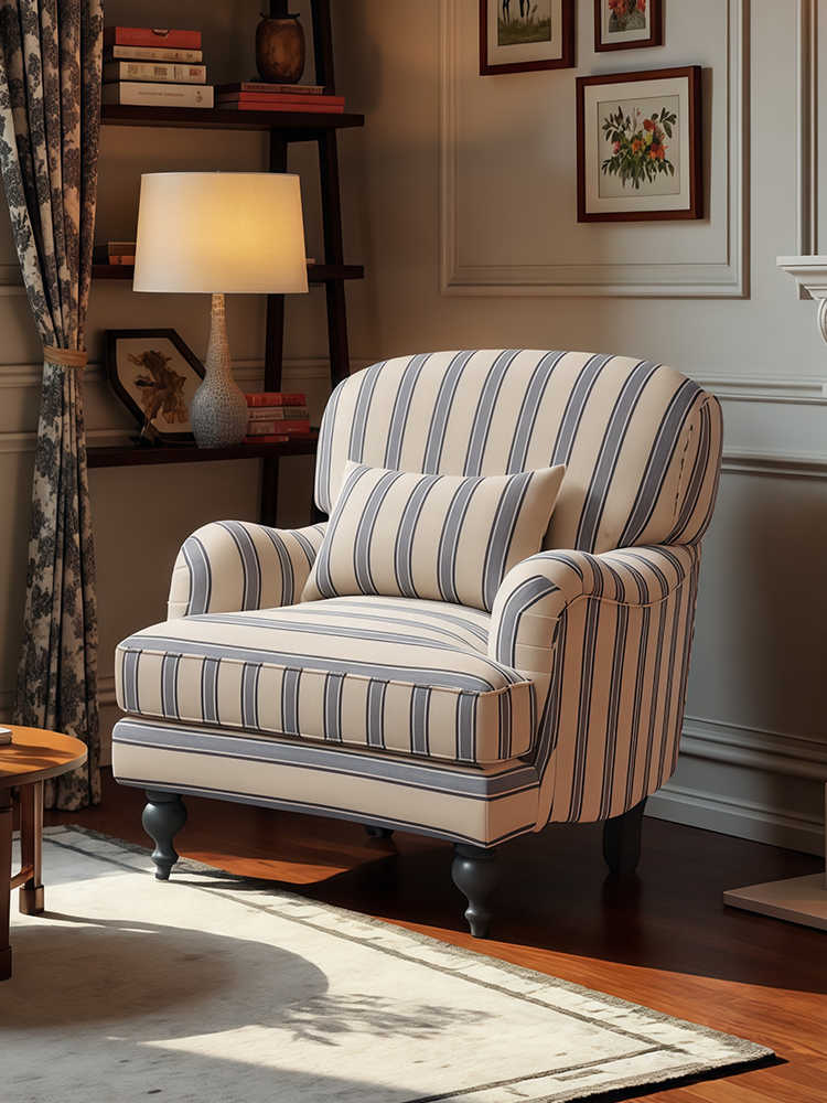 Vintage Blue-White Striped Armchair – Designer Retro Single Sofa for Living Room, Bedroom, Balcony and Study