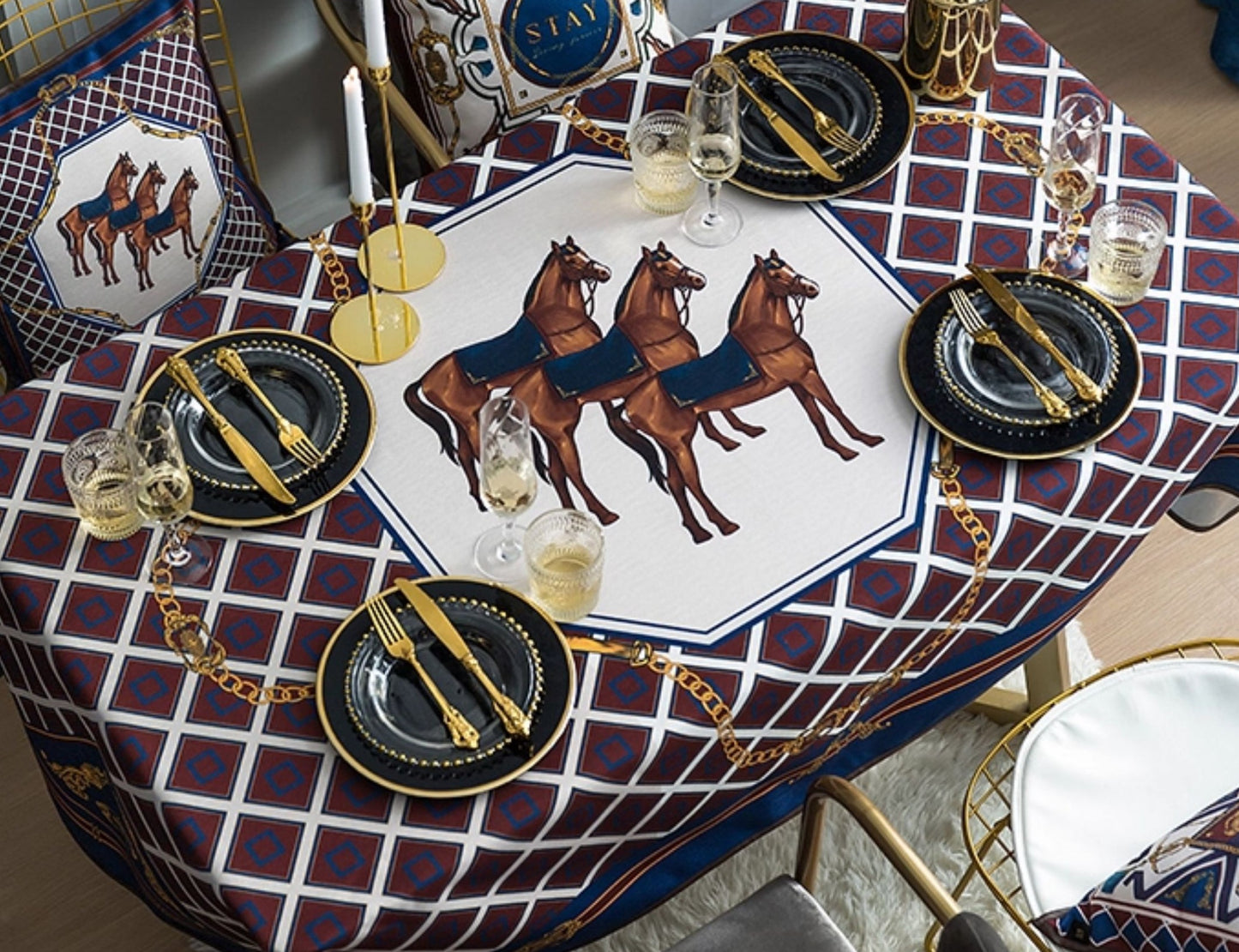 Luxury Horse Print Waterproof Tablecloth – Rectangular Decorative Fabric, High-End Coffee/Side/Accent Table Cover, Washable & Spill-Resistant