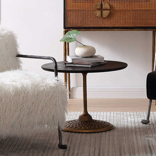 Contemporary Wabi-Sabi Round Pedestal Table – Vintage-Inspired Cast Iron Base with Dark Wood Top, Artisan Café Table for Modern Interiors