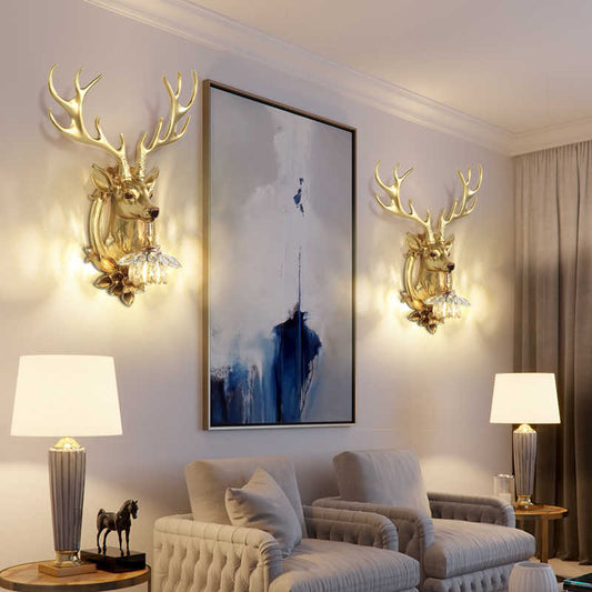 Gold Deer Head Wall Sconce Set – Luxury Resin Antler Crystal Wired Wall Lamps for Living Room, Bedroom, Hallway, and Feature Walls