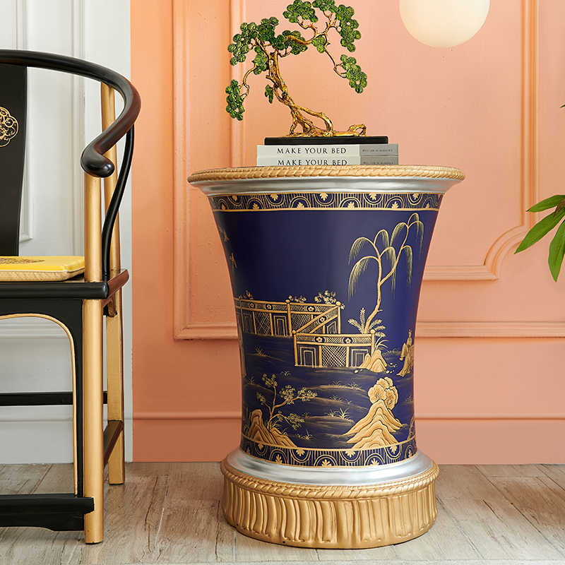 Blue Hand-Painted Round Side Table, Villa Beauty Salon Balcony Tea Table, Conversation Table