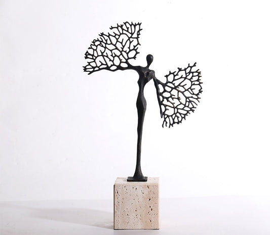 Modern Abstract Winged Yoga Figure Sculpture, Minimalist Metal & Marble Artistic Desktop Decor, Living Room, Office Table Accent