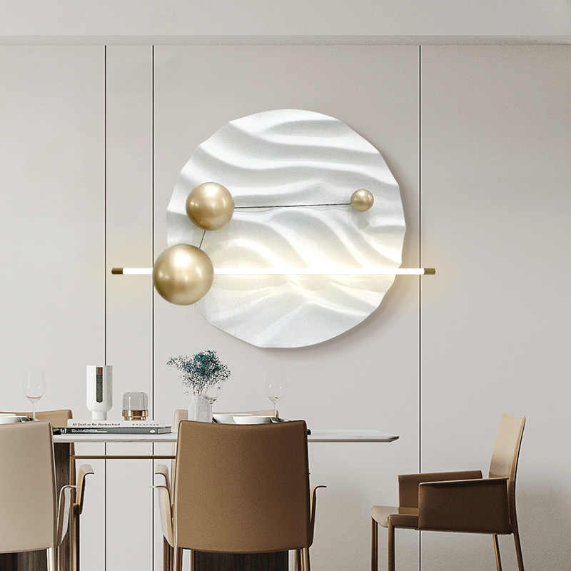 Modern Minimalist 3D Round Wall Art with Lighting – Sculptural Sandstone Relief, Gold Metal Spheres, Warm White Plug-in
