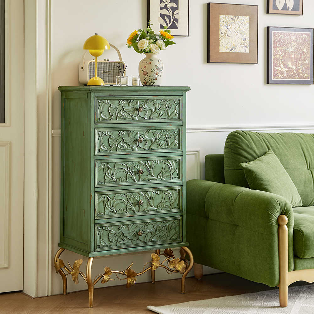 American Vintage Sage Green Chest with Hand-Carved Botanical Relief & Brass Ginkgo Base, 5-Drawer Storage Cabinet