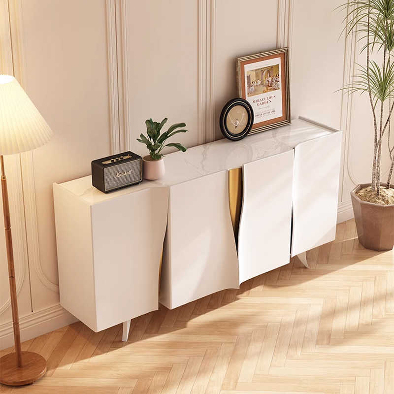 French-Cream Style Sintered Stone Entryway Cabinet, Modern Storage Sideboard with Gold Accents, Living Room Display Cabinet
