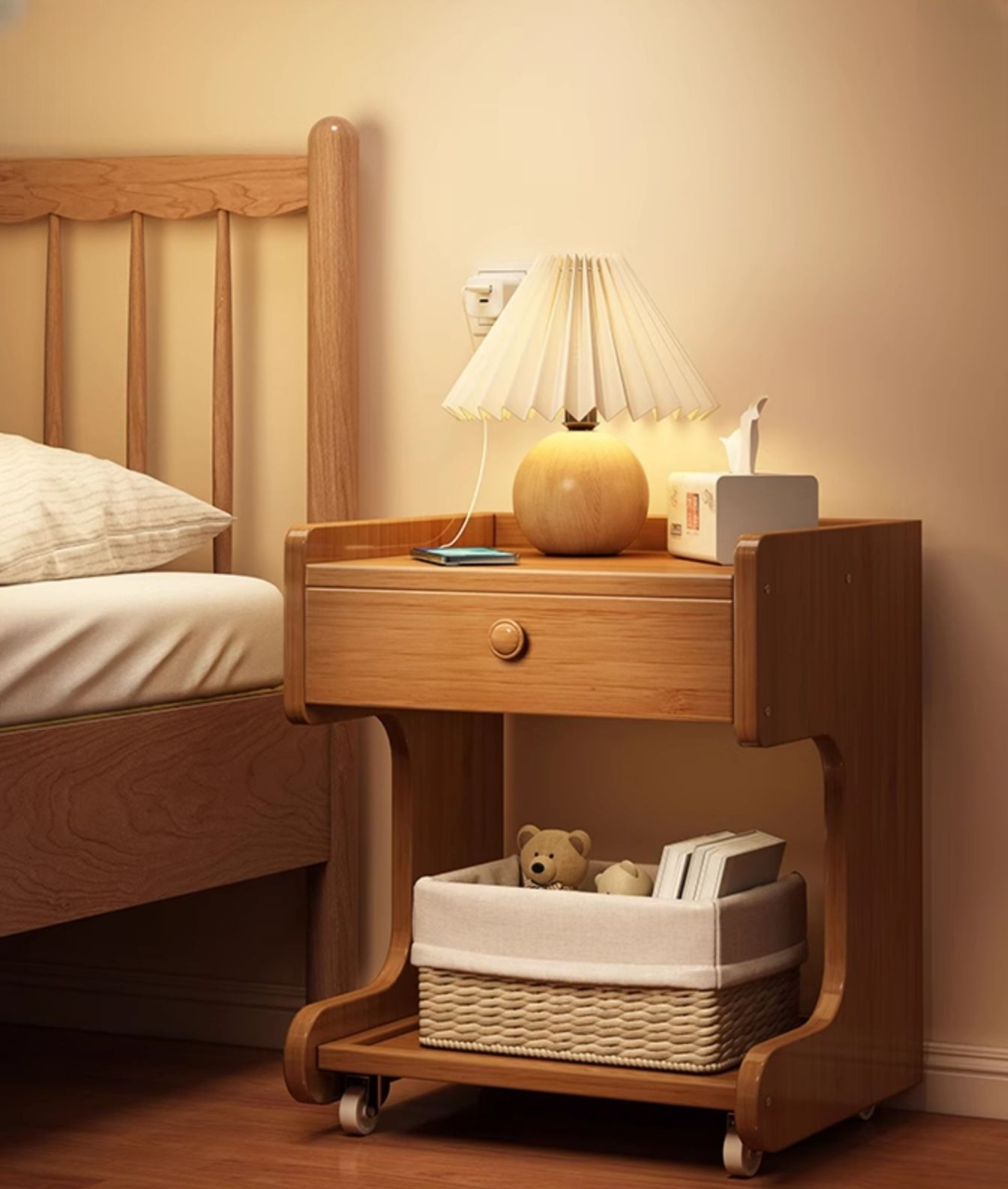 Modern Minimalist Rolling Nightstand – Compact Solid Wood Side Table, Drawer Storage Cabinet, Bedroom/Apartment Utility