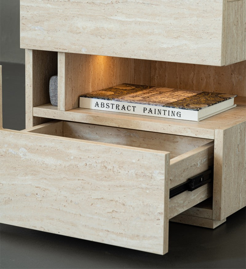 Contemporary Travertine Stone Wabi-Sabi Floating Nightstand – Intelligent LED Lighting Solid Wood Bedside Cabinet with Drawer Storage