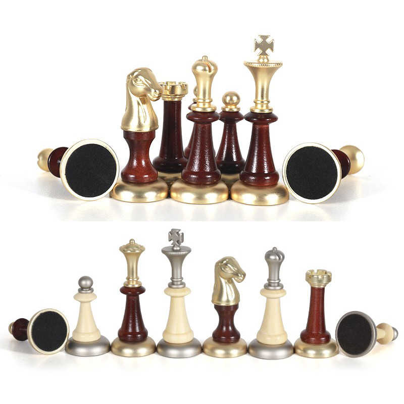 European Luxury Chess Set – High-End Solid Wood Drawer Chess Table with Gold Metal Inlaid Pieces, Classic Decorative International Chess Board