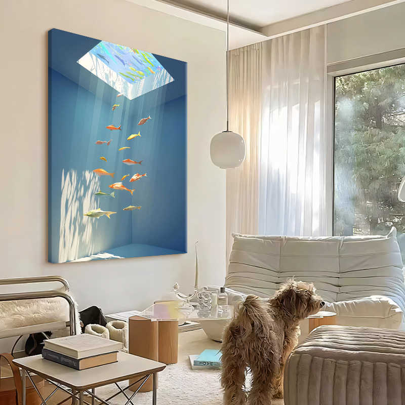 Modern Hand-Painted Oil Painting, "Light Through the Water" Fish Art for Living Room Entryway, High-End Minimalist Wall Decor Titanium Black Frame