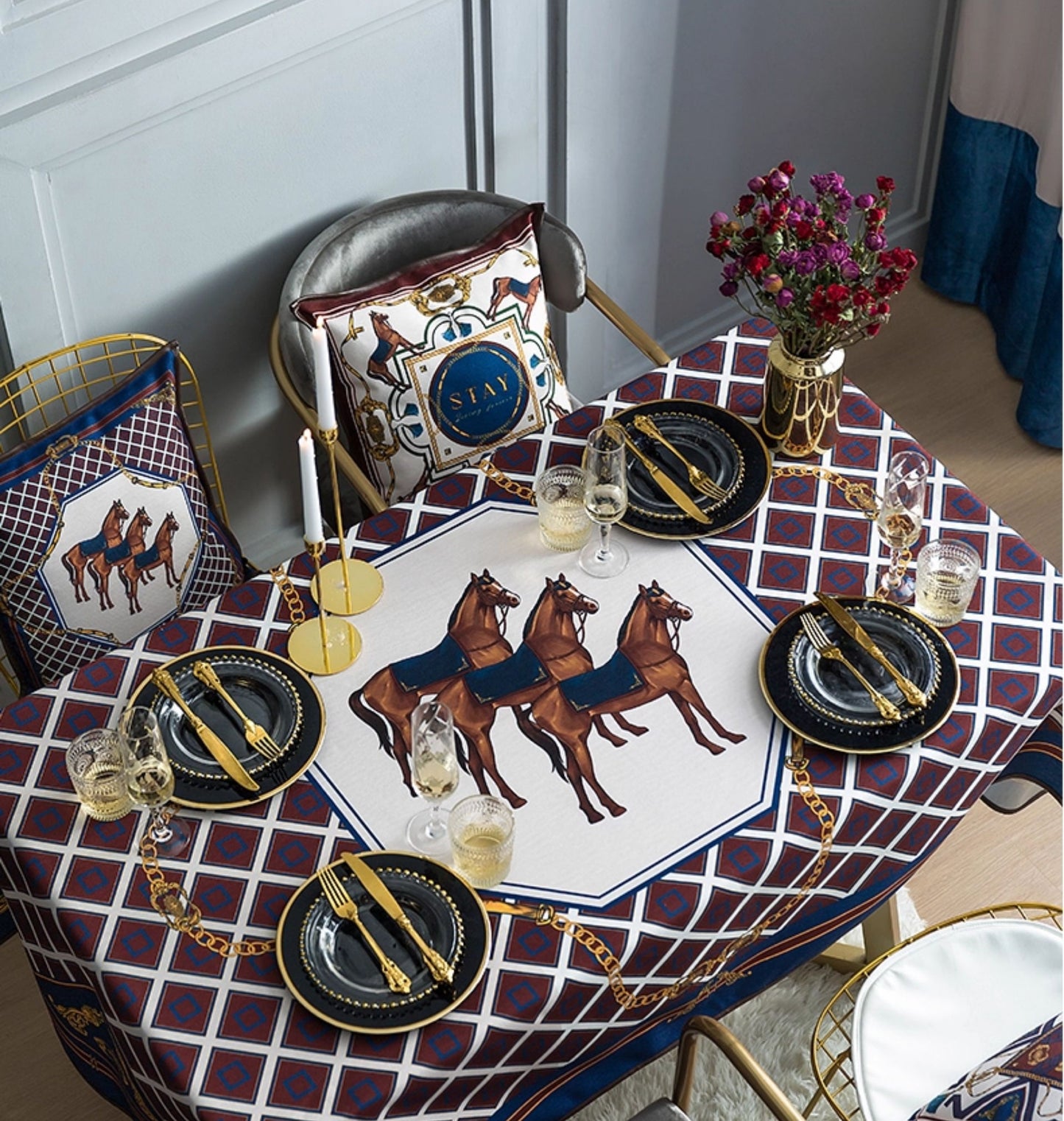Luxury Horse Print Waterproof Tablecloth – Rectangular Decorative Fabric, High-End Coffee/Side/Accent Table Cover, Washable & Spill-Resistant