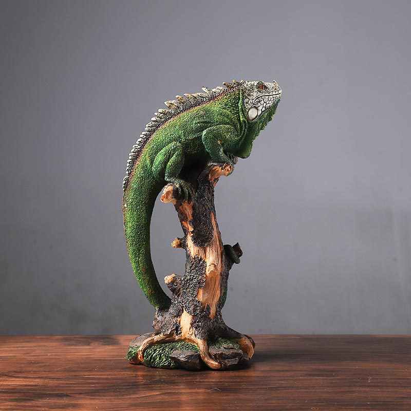 Lifelike Iguana Chameleon Sculpture on Driftwood Branch, Realistic Reptile Figurine for Home Garden Decor, European Style Animal Art Piece